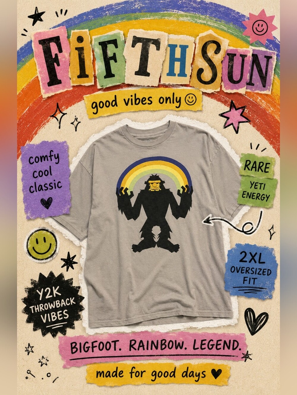 Fifth Sun Mens Bigfoot Yeti Rainbow Graphic Tee‎ Gray 2XL Cotton Short Sleeve